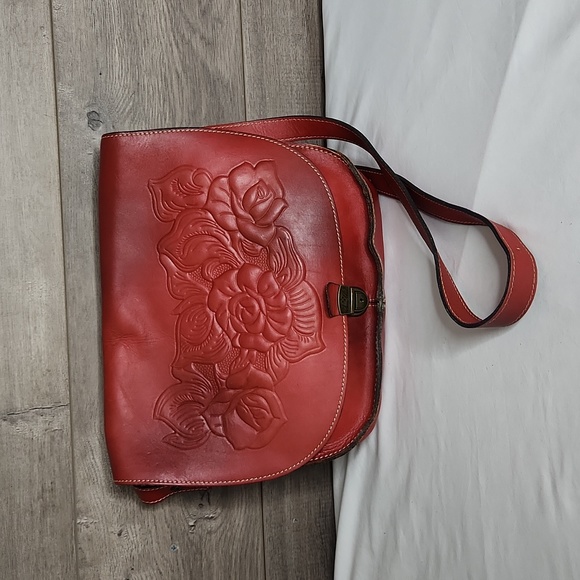 Patricia Nash Handbags - Patricia Nash Dark Red Tooled Leather Flap Front Shoulder Bag
